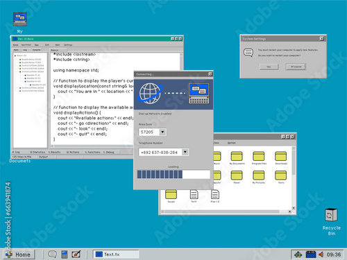 Retro Computer OS Template with User Connecting to Dial Up Internet. Loading Menu on a Desktop Interface with Yellow Folders, Window with Software Code. 1024x768 Resolution with 4:3 Aspect Ratio