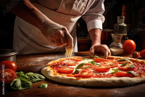 chef spreading tomato sauce on dough while preparing pizza