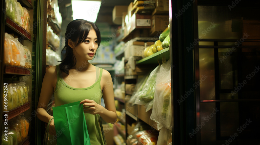 A young Asian woman in a green tank top is standing in a grocery store, holding a green bag