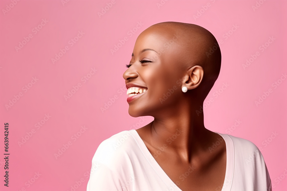 African woman in profile with cancer with positive and cheerful attitude. AI generated.