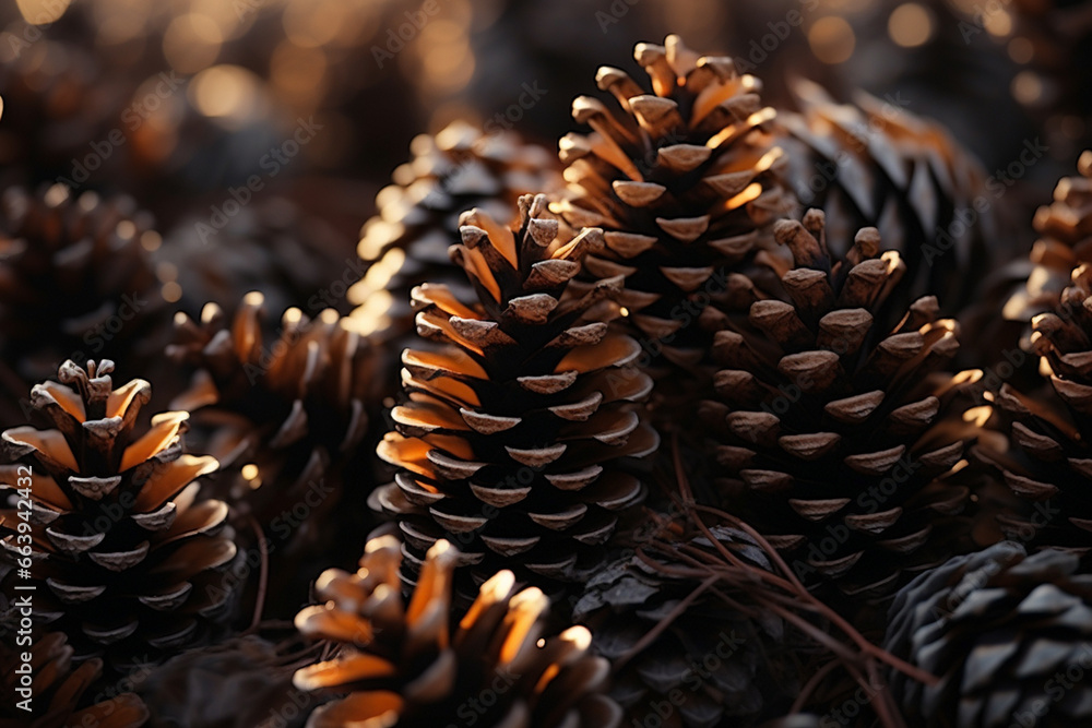 Fototapeta premium Pine cones on blurred background, closeup