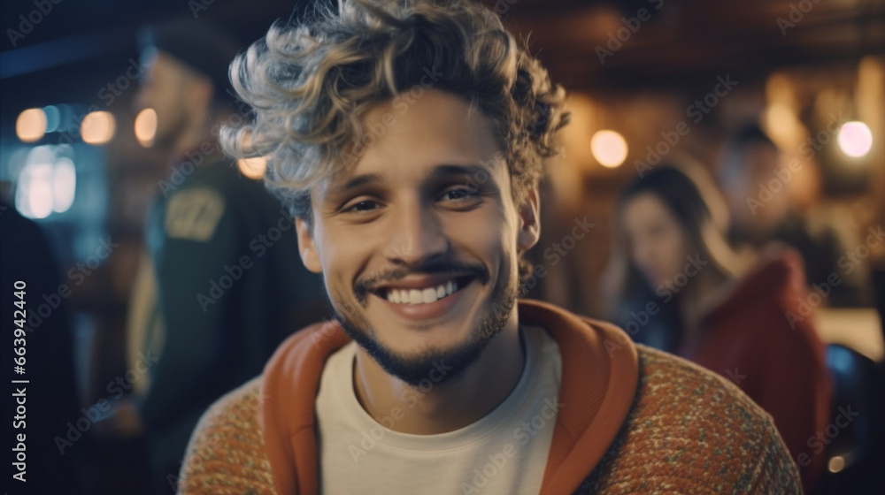 young, smiling man with curly hair and a beard in a good mood,enjoying a social gathering or a party. The man is wearing a sweater and is surrounded by other people