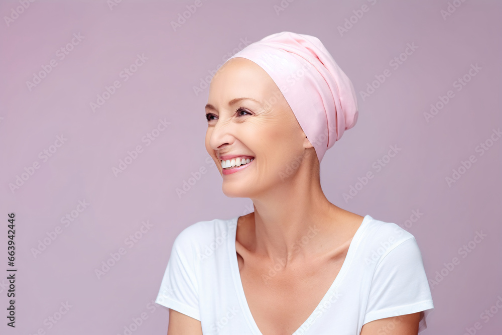 Young woman with shaved head, with positive attitude with fight against cancer. on pink background. AI generated. Young woman with shaved head, with positive attitude with fight against cancer. on pink background. AI generated.