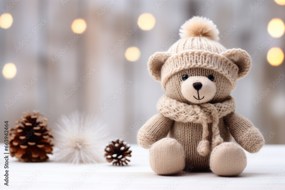 Fototapeta premium Knitted teddy bear sits with pinecones against a lit background.