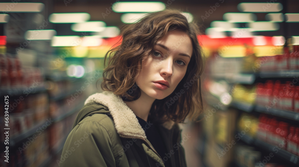 young adult woman with neutral facial expression or bored or indecisive, shopping among the product shelves with many products in the discounter or supermarket young adult woman with neutral facial expression or bored or indecisive, shopping among the product shelves with many products in the discounter or supermarket