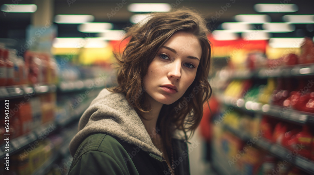 young adult woman with neutral facial expression or bored or indecisive, shopping among the product shelves with many products in the discounter or supermarket 