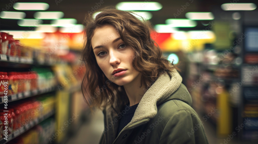 young adult woman with neutral facial expression or bored or indecisive, shopping among the product shelves with many products in the discounter or supermarket 