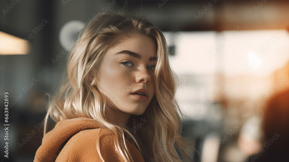 woman with blonde hair, wearing an orange hoodie, looking at her reflection in a mirror. She appears to be deep in thought or contemplating something woman with blonde hair, wearing an orange hoodie, looking at her reflection in a mirror. She appears to be deep in thought or contemplating something