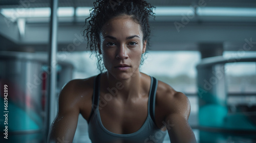 a woman with curly hair, wearing a sports bra, and looking at the camera. She appears to be in a gym or a fitness center, as there are two benches in the background