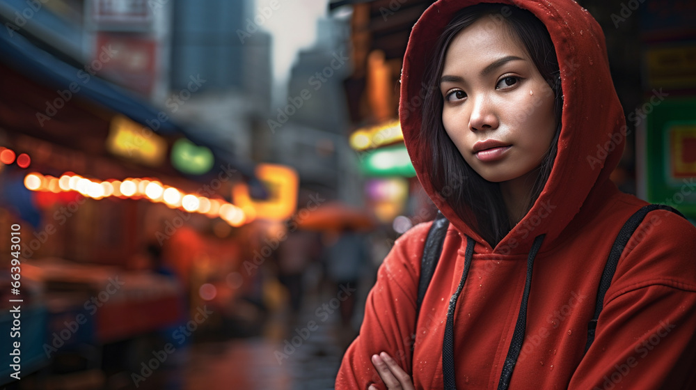 a woman wearing a red hoodie, standing on a street with her arms crossed. She appears to be in a mood of contemplation or deep thought a woman wearing a red hoodie, standing on a street with her arms crossed. She appears to be in a mood of contemplation or deep thought