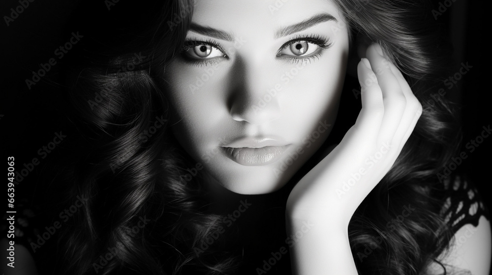 a woman with long, dark hair, looking at the camera with a mysterious and alluring expression. She is wearing a black dress and has her hand on her face a woman with long, dark hair, looking at the camera with a mysterious and alluring expression. She is wearing a black dress and has her hand on her face