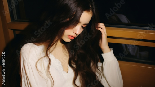 a woman with long, dark hai...
