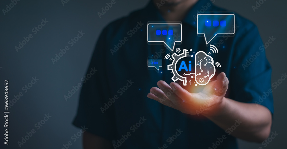businessman show Chat with AI Global Internet connect using technology smart robot AI , concept Ai technology Artificial Intelligence Futuristic technology transformation businessman show Chat with AI Global Internet connect using technology smart robot AI , concept Ai technology Artificial Intelligence Futuristic technology transformation
