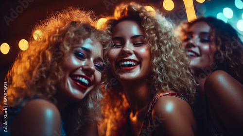 three women with curly hair, all smiling brightly and posing for a picture. They appear to be enjoying themselves and are likely friends or acquaintances