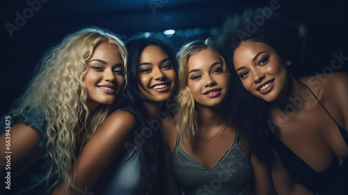 four beautiful young women with blonde hair, smiling brightly and posing together