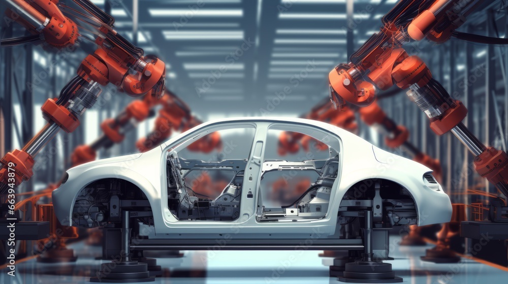 robotic arms is assembling a car in a factory