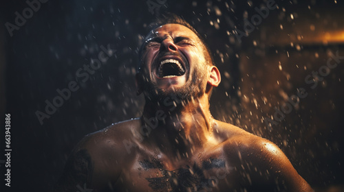 a shirtless man with a tattoo on his arm, standing in a shower and yelling with his mouth open. He appears to be in a state of intense emotion, possibly expressing frustration