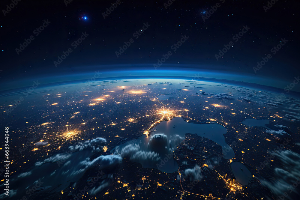 Night of Planet Earth globe from space view with city light of each countries on land and sunlight, Galaxy and space concept. - obrazy, fototapety, plakaty 