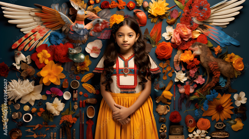 Fototapeta premium Niña mexicana con ropa indígena: Primavera 2023 rodeada de flores y cosas indigenas, fondo 