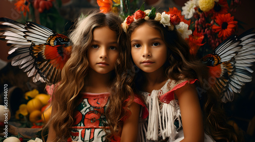 Primavera y folclore: Dos niñas latinas con trajes indígenas diademas de flores y fondos etnicos photo