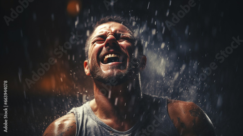 A mature adult man wearing a muscle shirt, abstractly pelted or surrounded by sand or dust, explosion as dryness and dryness and dry skin and emotional outburst of feelings and sensations