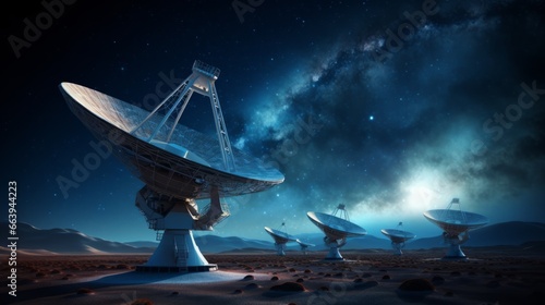 Radio telescopes or satellite dishes under the starry sky