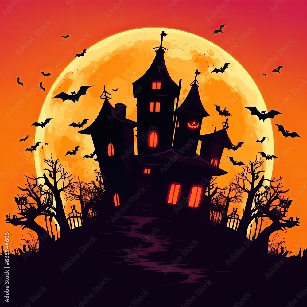Spooky castle silhouette on moon background for halloween celebration