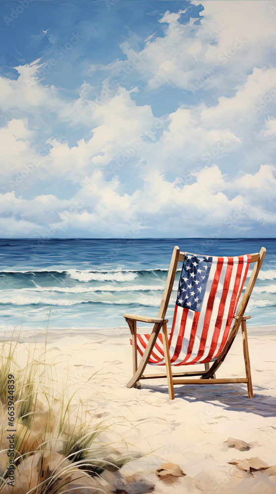 Tranquil Beach Setting with American Flag