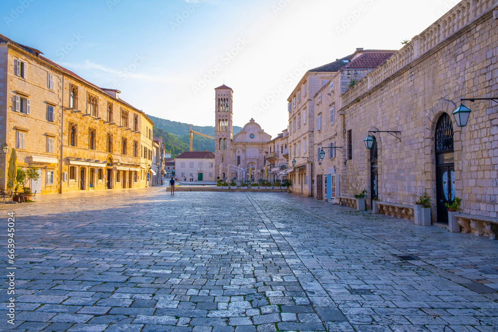 Main square in old medieval town Hvar. Hvar is one of most popular tourist destinations in Croatia in summer.