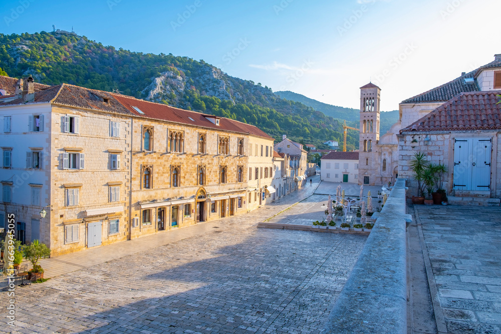 Main square in old medieval town Hvar. Hvar is one of most popular tourist destinations in Croatia in summer.
