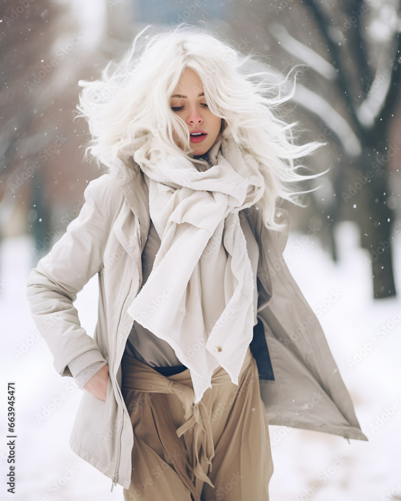 A beautiful woman walking in a winter snow landscape A beautiful woman walking in a winter snow landscape