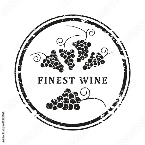 Finest wine grunge stamp, wine bottle sticker, black isolated on white background, vector illustration.