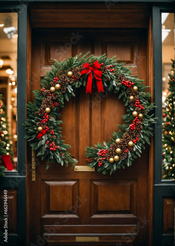 Christmas wreath on the door. A Festive Wreath Adorning the Door  A Symbol of Holiday Warmth and Cheer  Embellishing the Entrance with Seasonal Splendor. Magical Spirit of Christmas