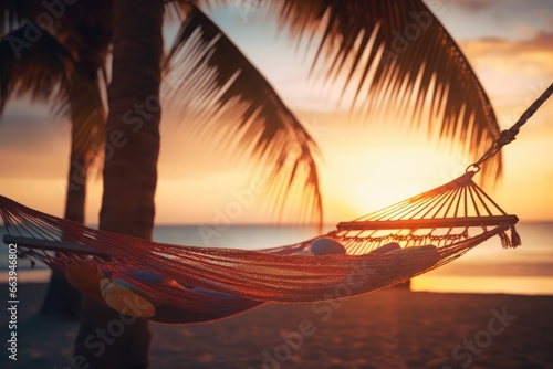 Tropical Dream - Hammock between two palms, overlooking a tranquil beach sunset - Island Escapism - AI Generated