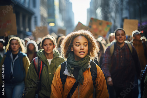 Gen Z Activism - Climate March - Gen Z individuals holding eco-friendly signs, urban setting - AI Generated