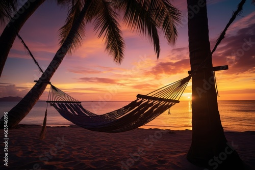 Tropical Dream - Hammock between two palms, overlooking a tranquil beach sunset - Island Escapism - AI Generated © Arthur