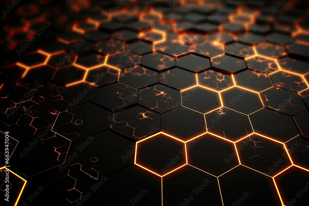 Abstract technology background with glowing hexagons. 3D Rendering, Futuristic High Tech Black background with a hexagm, AI Generated