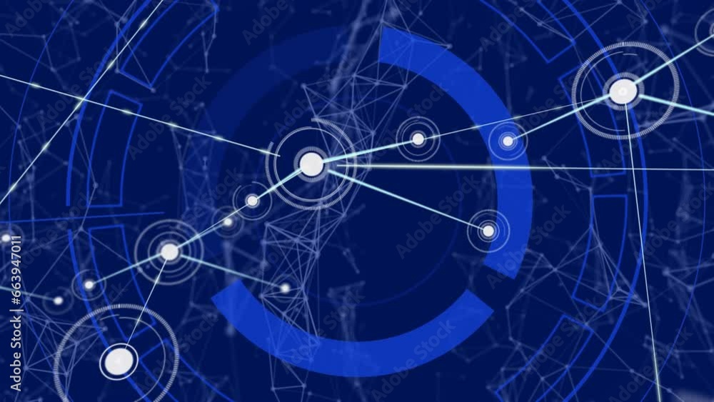 Animation of network of connections with spots on blue background Animation of network of connections with spots on blue background