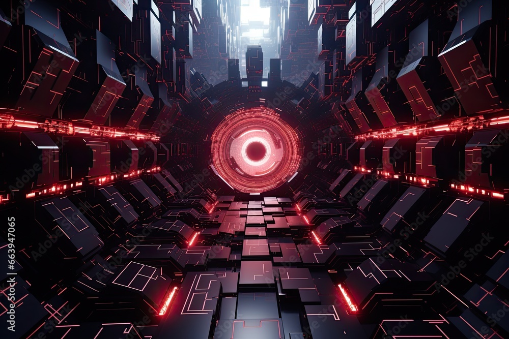 Futuristic black and red tunnel with glowing lights 3D rendering, Futuristic Metaverse Tunnel with Polygon Shapes and Circuit Boards, AI Generated