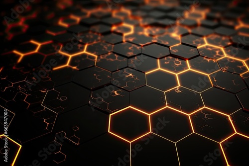 Abstract technology background with glowing hexagons. 3D Rendering, Futuristic High Tech Black background with a hexagm, AI Generated © Iftikhar alam