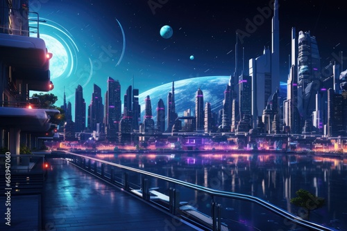 Futuristic city at night. 3d rendering toned image  Futuristic inspired border town with neon lights  AI Generated