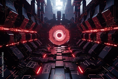 Futuristic black and red tunnel with glowing lights 3D rendering  Futuristic Metaverse Tunnel with Polygon Shapes and Circuit Boards  AI Generated