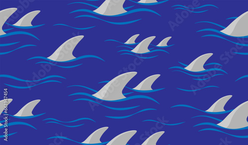 Shark fin silhouette and waves seamless pattern. Vector illustration.