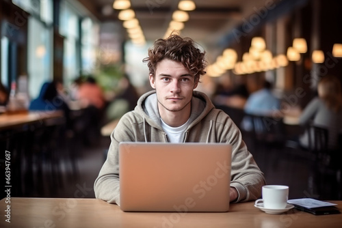 Teenage Boy Freelancer Studying and Using Laptop in a Cafe,ai generative © tope007