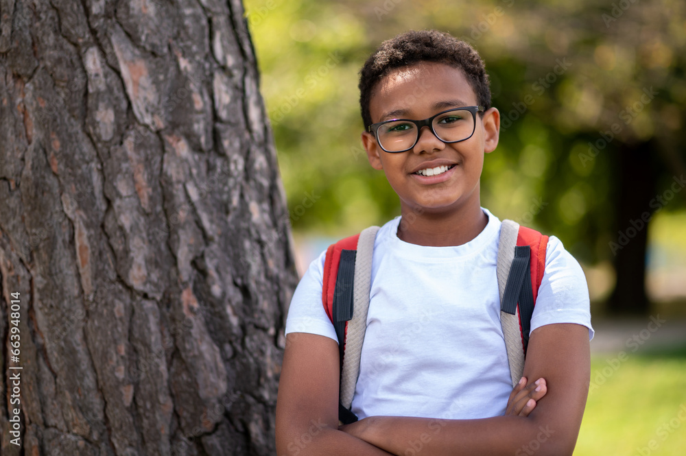 Dark-skinned boy in eyeglasses looking contented and happy Dark-skinned boy in eyeglasses looking contented and happy