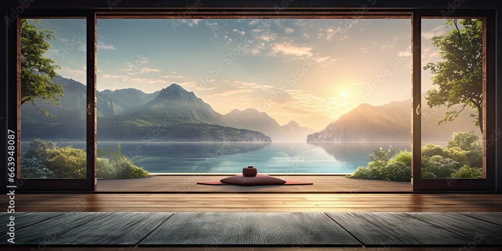 Clean and calm yoga studio with beautiful nature view. Interior design. Generative AI - obrazy, fototapety, plakaty 