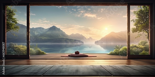 Clean and calm yoga studio with beautiful nature view. Interior design. Generative AI photo