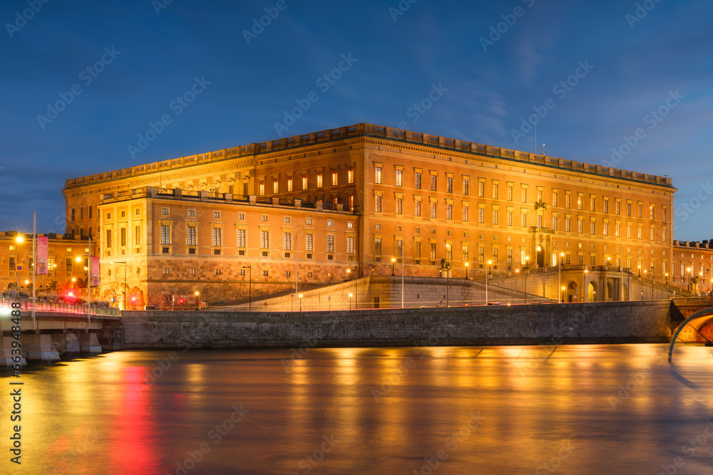 Stockholm, Sweden. View of The Royal Palace. The capital of Sweden. Cityscape during the blue hour. View of the old town in Stockholm. Large resolution photo for background and wallpaper.