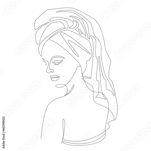 Silhouettes of a girl s head in a turban  a scarf  a towel. Woman face in modern one line style. Solid line  aesthetic outline for decor  posters  stickers  logo. Vector illustration