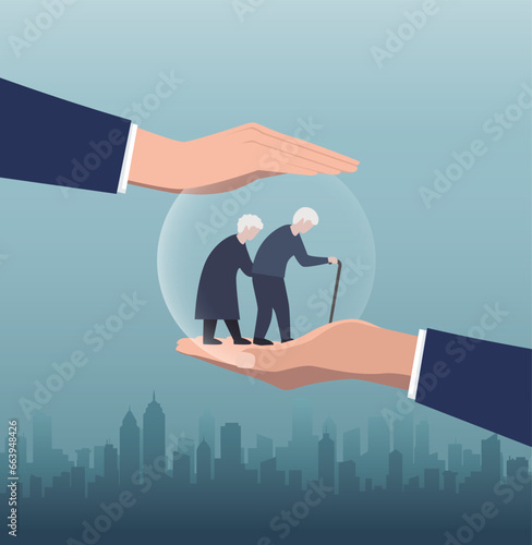 Two hands are holding like a shield to protect old people.